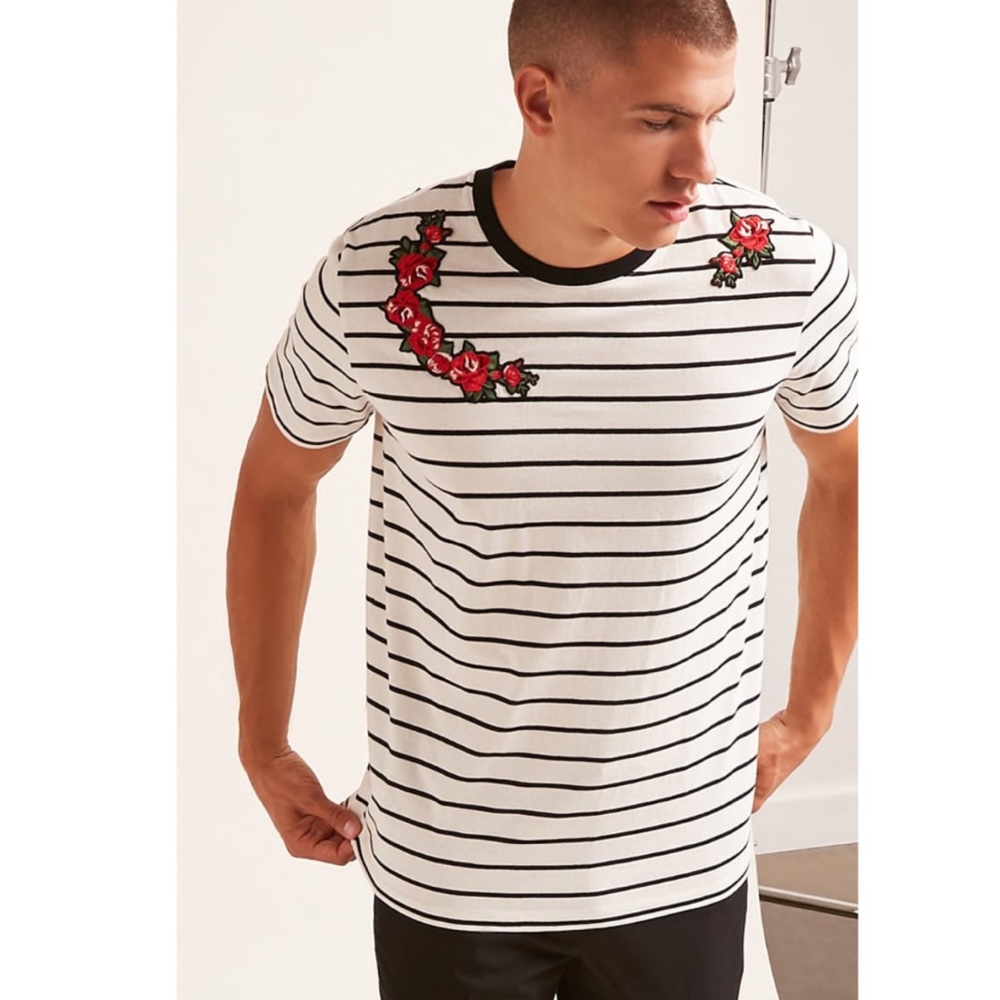 Forever 21 mens striped floral appliqué tee-shirt